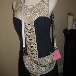 Kate Spade Smile X-body detach  to hand Bag Silver, gold Tweed  Chain Strap NEW